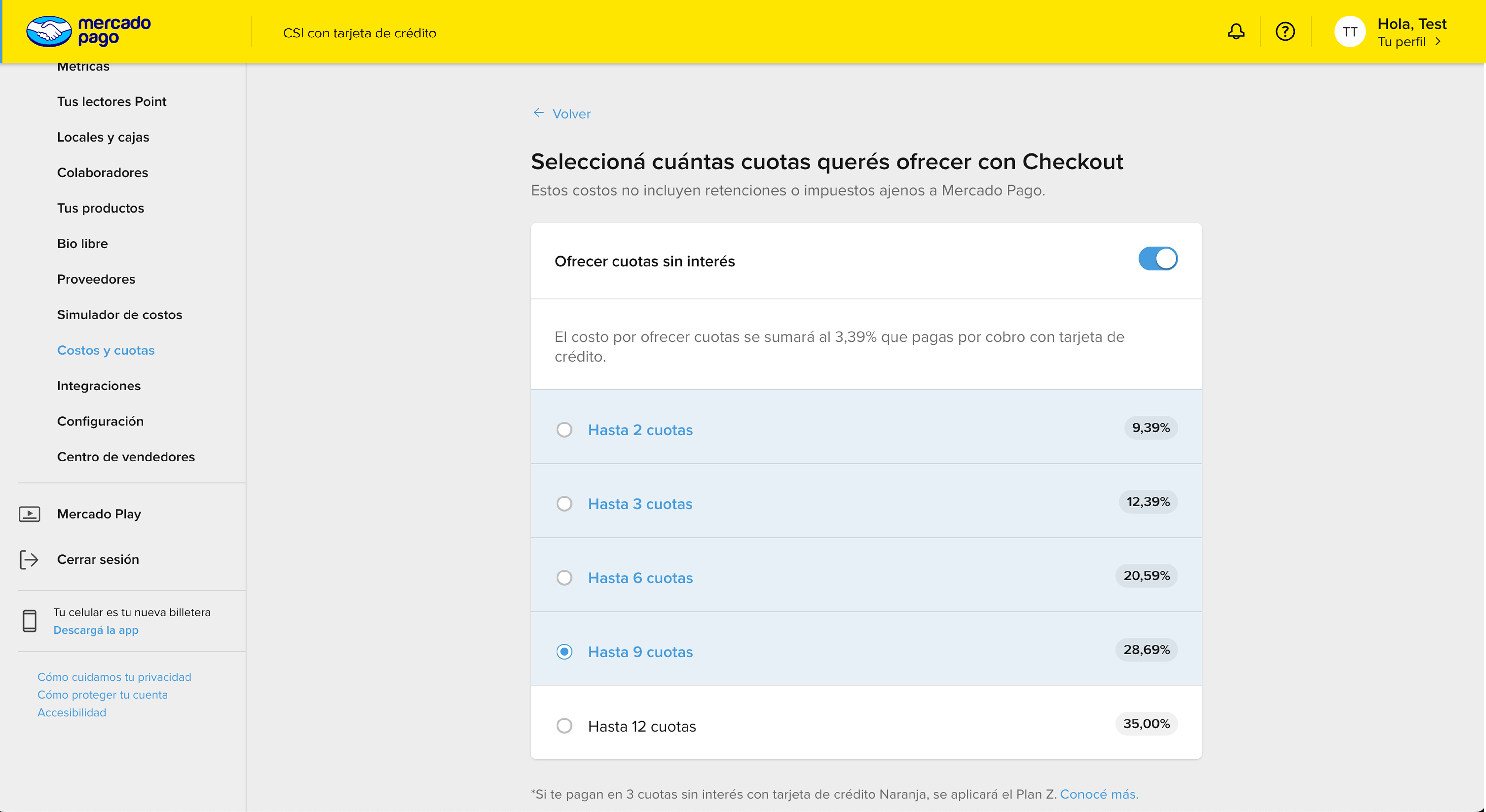 Pantalla CSI con tarjeta de crédito